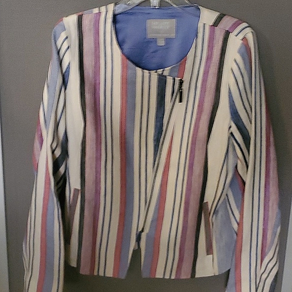 Womens Hilary Radley Moto Style Blazer. Blue/Multi Stripe. Sz 10. Never Worn